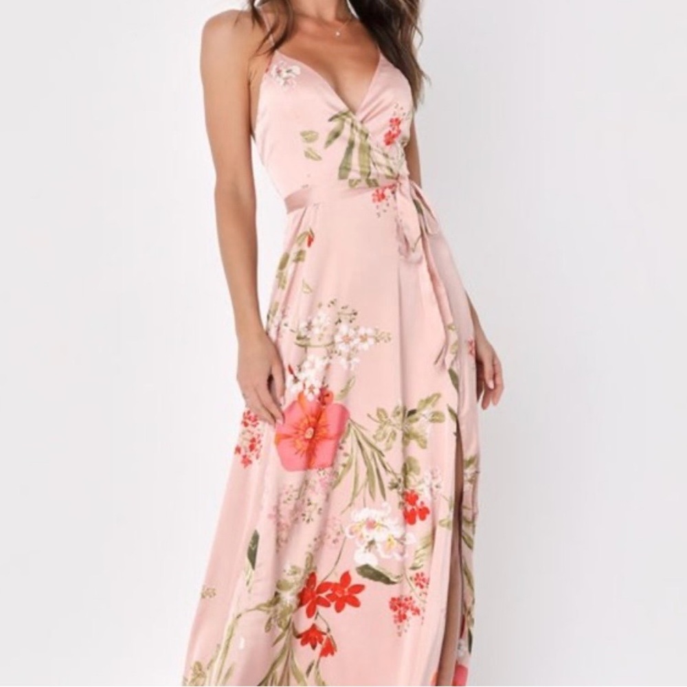 Lulu’s Floral Pink Maxi Wrap Dress with Spaghetti Straps (With Tags)